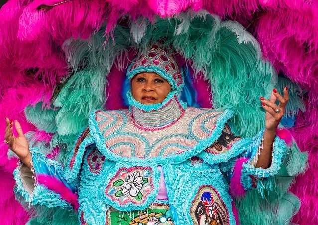 Big Queen Rita Dollis of the Wild Magnolias Mardi Gras Indians performs during 2022 New Orleans Jazz & Heritage Festival at Fair Grounds Race Course on May 08, 2022 in New Orleans, Louisiana. (Photo by Erika Goldring/Getty Images)