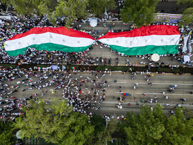 An aerial view of a rally called “In defense of the Republic and Democracy” against the Mexico's controversial judicial reform, at Reforma avenue, in Mexico City, Mexico on September 08, 2024. (Photo by Daniel Cardenas/Anadolu via Getty Images)