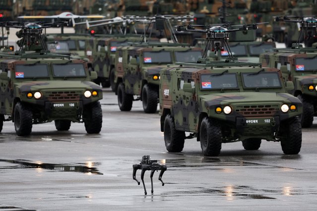 A quadruped robot marches during a celebration to mark 76th anniversary of Korea Armed Forces Day, in Seongnam, South Korea, on October 1, 2024. (Photo by Kim Hong-Ji/Reuters)