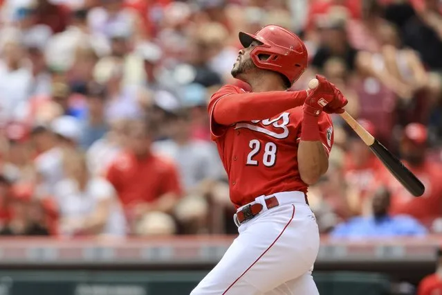 Cincinnati Reds' Tommy Pham watches an RBI sacrifice fly during the third inning of a baseball game against the St. Louis Cardinals in Cincinnati, Sunday, July 24, 2022. (Photo by /Aaron Doster/AP Photo)