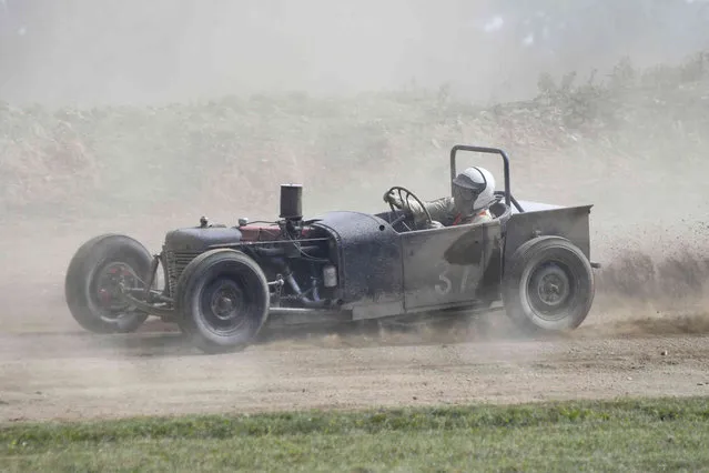 Bruce Young, of Blandon, drives a jalopy at the Circle M Ranch Speedway Reunion at Circle M Ranch Speedway in Auburn, Pa., on Saturday, September 24, 2022. (Photo by Lindsey Shuey/Republican-Herald via AP Photo)