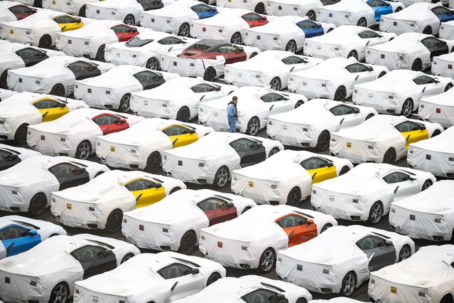 New vehicles are parked at Daikoku Pier in Yokohama, south of Tokyo on April 11, 2025. In a spectacular climbdown on April 9, US President Donald Trump paused for 90 days tariffs of 20 percent on the EU and even higher levies on other trade partners, including 24 percent on Japan. (Photo by Philip Fong/AFP Photo)