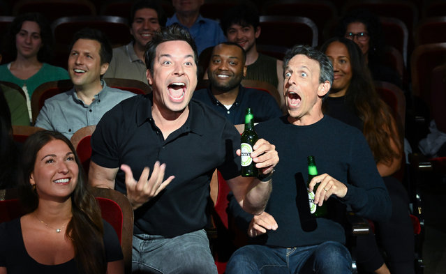 The Late Show with Stephen Colbert and guests Seth Meyers and Jimmy Fallon during Monday's July 21, 2025 show. Photo: Scott Kowalchyk 2025 CBS Broadcasting Inc. (Photo byh Scott Kowalchyk/CBS)