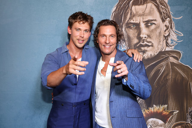 (L-R) Austin Butler and Matthew McConaughey attend the “Caught Stealing” Austin, TX Special Screening at Alamo Drafthouse on August 13, 2025 in Austin, Texas.  (Photo by Rick Kern/Getty Images for Sony Pictures Entertainment)