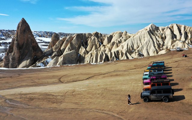 Tourists make jeep safaris in Cappadocia due to bad weather conditions preventing hot air balloon flights in Nevsehir, Turkiye on February 17, 2025. Local and foreign tourists visiting the region explore the valleys with off-road vehicles. (Photo by Behcet Alkan /Anadolu via Getty Images)