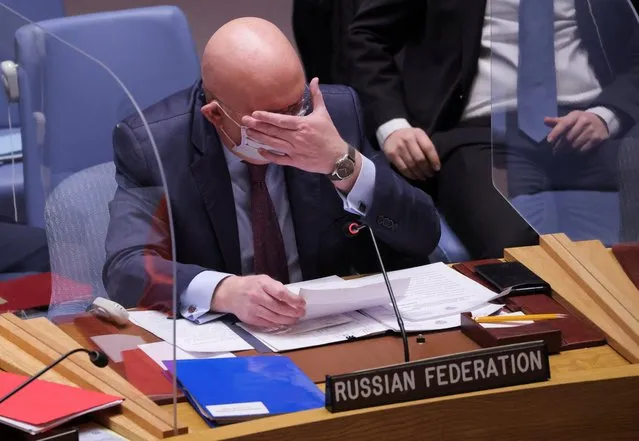 Russian Ambassador to the United Nations Vasily Nebenzya attends a meeting of the U.N. Security Council on the situation between Russia and Ukraine, at the United Nations Headquarters in Manhattan, New York City, U.S., January 31, 2022. (Photo by Andrew Kelly/Reuters)