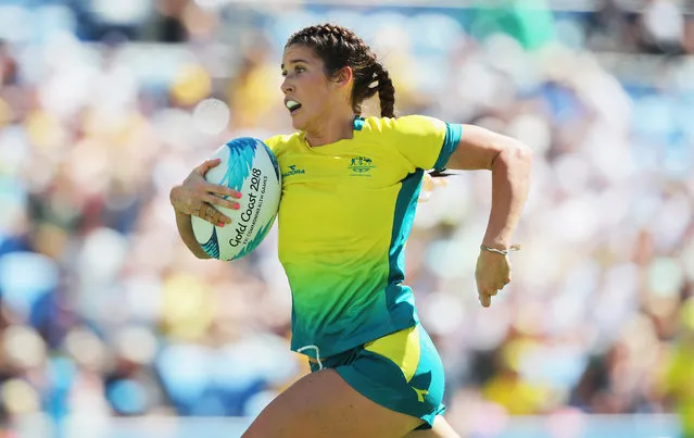 Australia's Charlotte Kaslick in action against Canada in the Women's Semi Finals during Rugby Sevens on day 11 of the Gold Coast 2018 Commonwealth Games at Robina Stadium on April 15, 2018 on the Gold Coast, Australia. (Photo by Jason O'Brien/Getty Images)