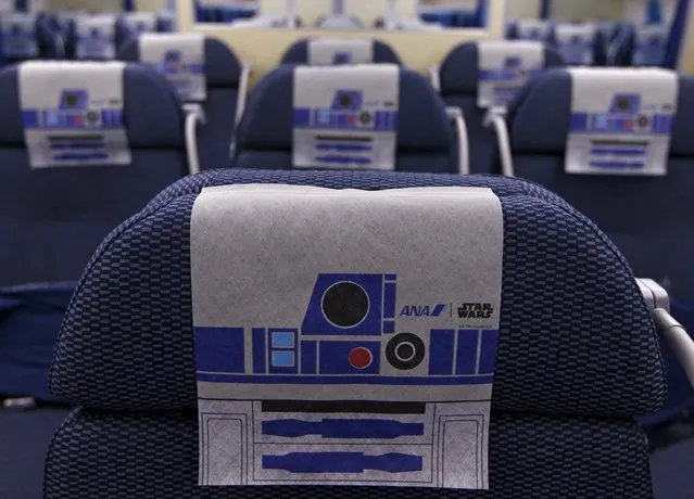 A view of the R2D2 headrest on the premium economy seats during a tour of the Star Wars themed All Nippon Airways ANA R2D2 Boeing 787 Dreamliner aircraft at Singapore's Changi Airport November 12, 2015. (Photo by Edgar Su/Reuters)