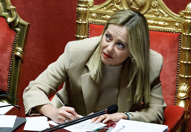 Italian Prime Minister Giorgia Meloni looks on while attending a session of the Italian Senate on the eve of a European Council, in Rome, Italy, 22 October 2025. The EU leaders will gather in Brussels on 23 October for a European Council meeting. (Photo by Roberto Monaldo/LaPresse/Rex Features/Shutterstock)