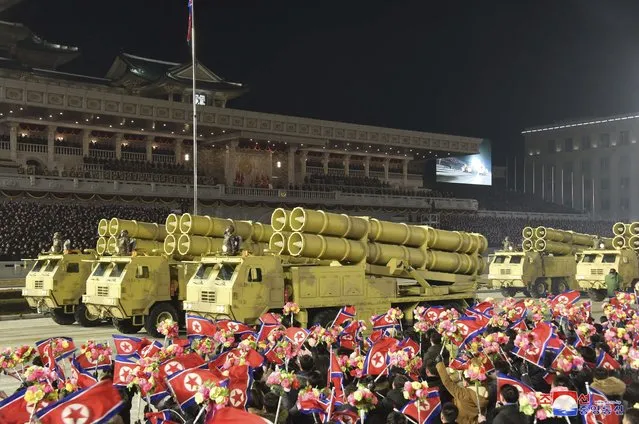 This photo provided by the North Korean government shows a military parade marking the ruling party congress, at Kim Il Sung Square in Pyongyang, North Korea Thursday, January 14, 2021. (Photo by Korean Central News Agency/Korea News Service via AP Photo)