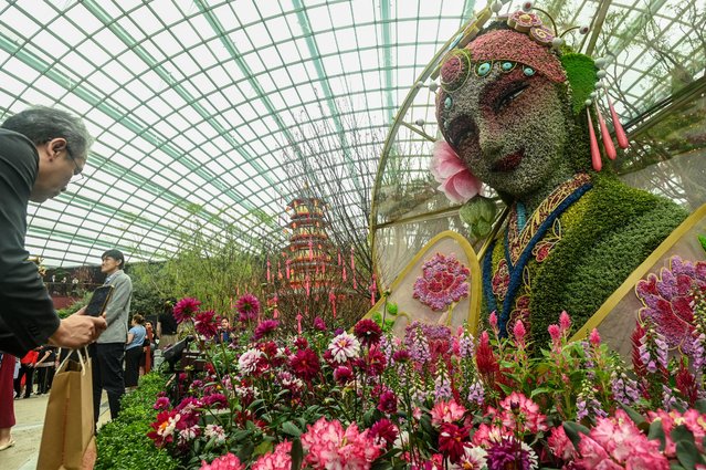 A visitor takes photographs of a towering, living sculpture floral display of the Madam White Snake exhibit at Gardens by the Bay's Chinese New Year theme in Singapore on January 17, 2025. (Photo by Roslan Rahman and Roslan Rahman/AFP Photo)