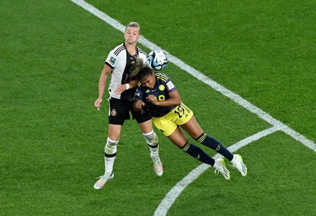 Alexandra Popp of Germany heads the ball against Jorelyn Carabali of Colombia during the FIFA Women's World Cup Australia & New Zealand 2023 Group H match between Germany and Colombia at Sydney Football Stadium on July 30, 2023 in Sydney / Gadigal, Australia. (Photo by Jaimi Joy/Reuters)
