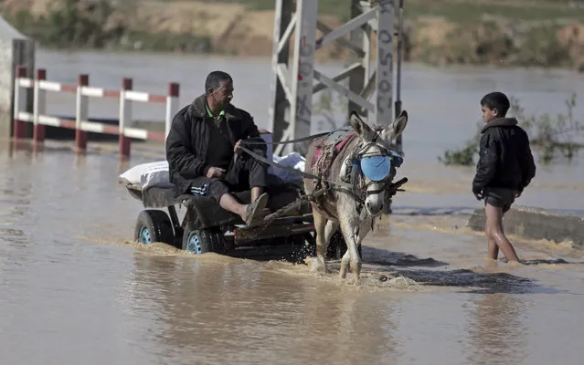 A Palestinian man carries goods on a donkey cart through a muddy, rain flooded street in the Bedouin village of al-Moghraka, central Gaza Strip, Sunday, February 22, 2015. (Photoby Khalil Hamra/AP Photo)