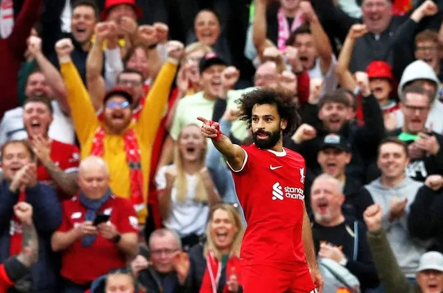 Mohamed Salah of Liverpool celebrates after scoring the third goal during the Premier League match between Liverpool FC and Nottingham Forest at Anfield on October 29, 2023 in Liverpool, England. (Photo by Scott Heppell/Reuters)