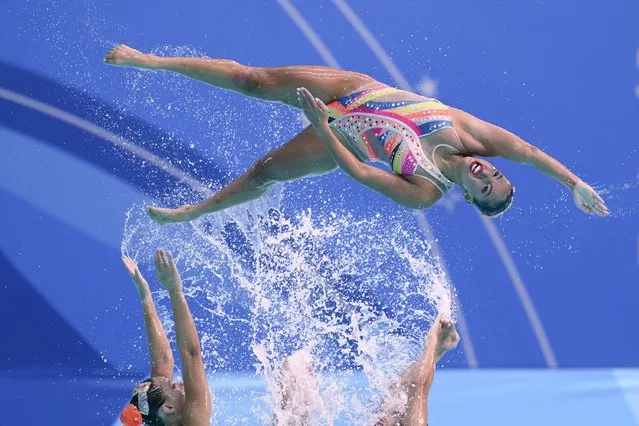 Brazil's team performs in the artistic swimming acrobatic routine final at the Pan American Games in Santiago, Chile, Friday, November 3, 2023. (Photo by Matias Delacroix/AP Photo)