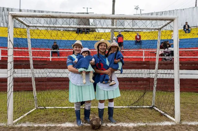 Women's soccer tournament is held where the participants must appear on the field to play with ruana boots and a hat, this is the traditional dress of the peasants of the region in Jenesano, Boyaca, Colombia on August 21, 2022. The different teams face each other to look for a new champion in the midst of the gaze of tourists who travel from all over the country to attend the event. (Photo by Yair Suarez/Anadolu Agency via Getty Images)