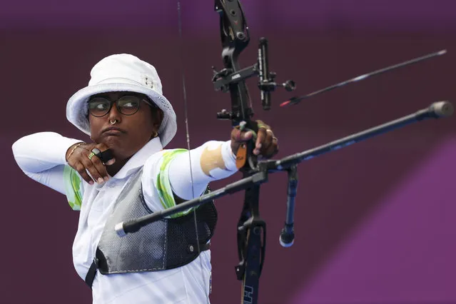 Deepika Kumari of Team India competes in the archery Women's Individual 1/8 Eliminations on day seven of the Tokyo 2020 Olympic Games at Yumenoshima Park Archery Field on July 30, 2021 in Tokyo, Japan. (Photo by Justin Setterfield/Getty Images)