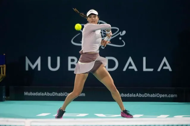 Emma Raducanu from Britain returns the ball to Marie Bouzkova of Czech Republic during a match of the Mubadala Abu Dhabi Open tennis tournament, in Abu Dhabi, United Arab Emirates, Monday, February 5, 2024. (Photo by Ruel Pableo for The National)
