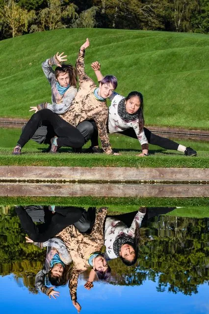 Zinnia Oberski, left, Andrada Dragoescu, centre, and Kristin Weichen Wong work at Jupiter Artland, a sculpture park near Edinburgh on November 11, 2021, on a piece being developed by the choreographer Thomas Goetz. (Photo by Ian Georgeson/The Times)