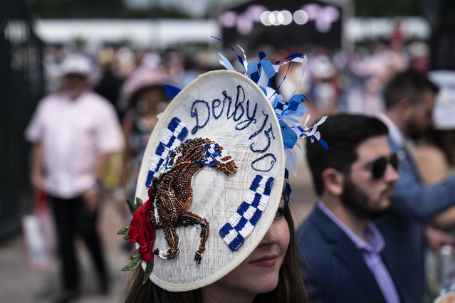 A woman wears a 150th hat before the 150th running of the Kentucky Derby at Churchill Downs in Louisville, KY on Saturday, May 04, 2024. (Photo by Jabin Botsford/The Washington Post)