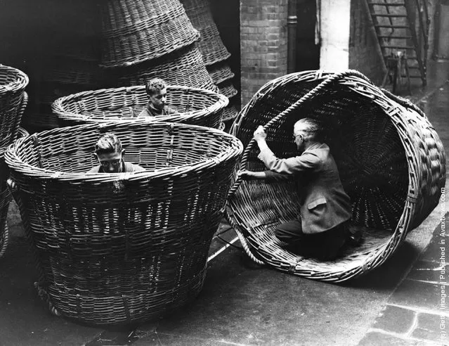Men at work at the Cardiff Institute, making huge baskets, unique in size and construction, for loading oil cake in South Africa, 1938