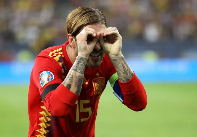 Spain's Sergio Ramos celebrates scoring their first goal during the Euro 2020 football qualification match between Romania and Spain in Bucharest, Romania, on September 5, 2019. (Photo by George Calin/Inquam Photos via Reuters)