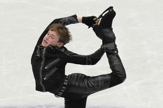 Ilia Malinin of the U.S performs in the men short program at the Figure Skating World Championships in Montpellier, south of France, Thursday, March 24, 2022. (Photo by Francisco Seco/AP Photo)