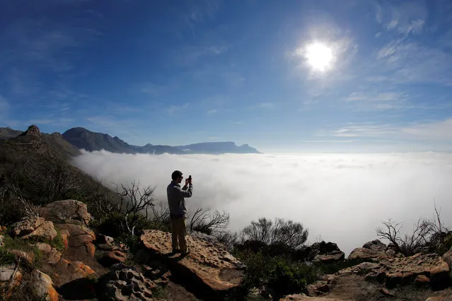A visitor takes photographs from the scenic Ou Kaapse Weg as seasonal fog covers the city in Cape Town, South Africa, May 29, 2016. (Photo by Mike Hutchings/Reuters)