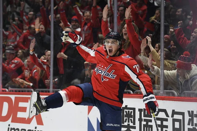 Washington Capitals right wing T.J. Oshie (77) celebrates his goal during the second period of an NHL hockey game against the Boston Bruins, Wednesday, December 11, 2019, in Washington. This was Oshie's second goal of the night. (Photo by Nick Wass/AP Photo)