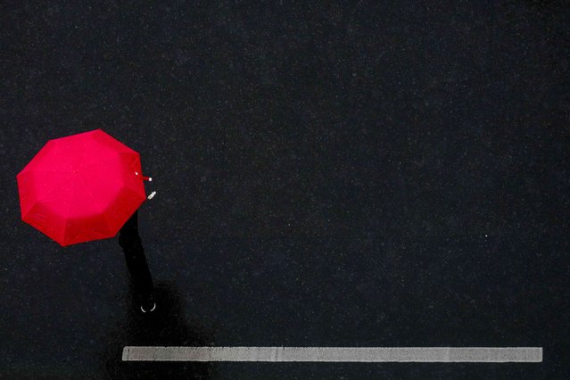 A person holds to umbrella while crossing a street in the rain in Berlin, Germany, Friday, July 12, 2024. (Photo by Ariel Schalit/AP Photo)