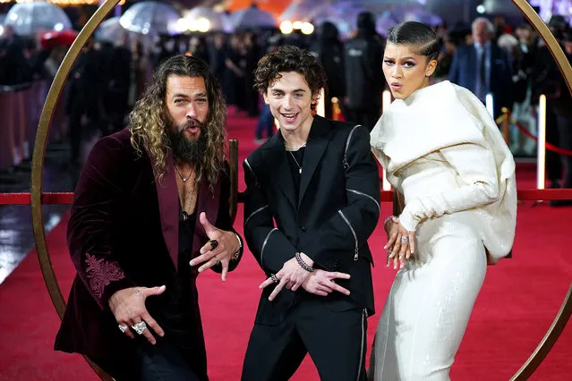 Jason Momoa (left), Timothee Chalamet and Zendaya attend a special screening of Dune at the Odeon Leicester Square in London, United Kingdom on October 18, 2021. (Photo by Ian West/PA Wire via ZUMA Press)