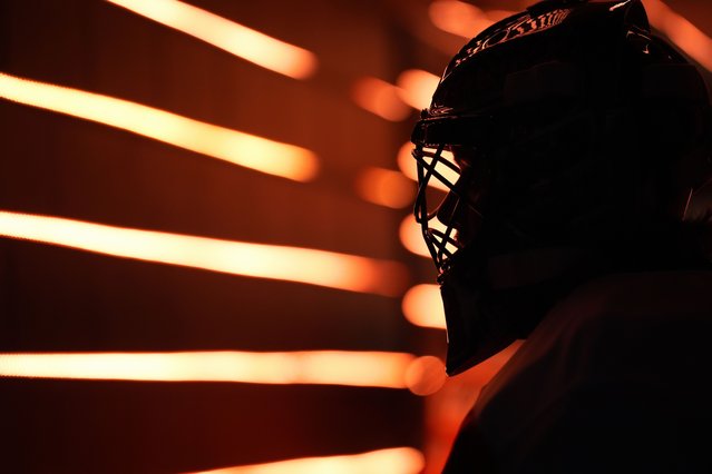 Philadelphia Flyers' Samuel Ersson waits to warm up before a preseason NHL hockey game against the New York Islanders, Thursday, September 26, 2024, in Philadelphia. (Photo by Matt Slocum/AP Photo)