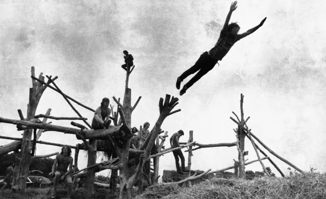 Rock music fans sit on a tree sculpture as one leaps mid-air onto a pile of hay during the Woodstock Music and Art Festival held on a cow pasture at White Lake in Bethel, New York on August 15, 1969. (Photo by AP Photo)