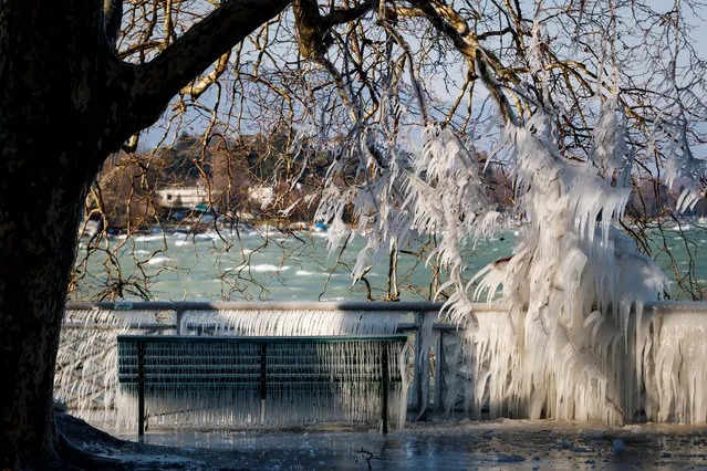 An ice covered bench is pictured at the frozen shore of Lake Geneva during a windy winter day, in Geneva, Switzerland, 26 February 2018. Media reports state that extreme cold weather is forecast to hit many parts of Europe with temperatures plummeting to a possible ten year low. (Photo by  Valentin Flauraud/EPA/EFE)