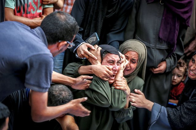 Palestinians mourn their loss after their loved ones killed in Israeli attack on Gaza City, Gaza on September 02, 2025. People, including children, were killed in the attack as the bodies of the victims were brought to Shifa Hospital in Gaza for funeral procedures. (Photo by Saeed M. M. T. Jaras/Anadolu via Getty Images)