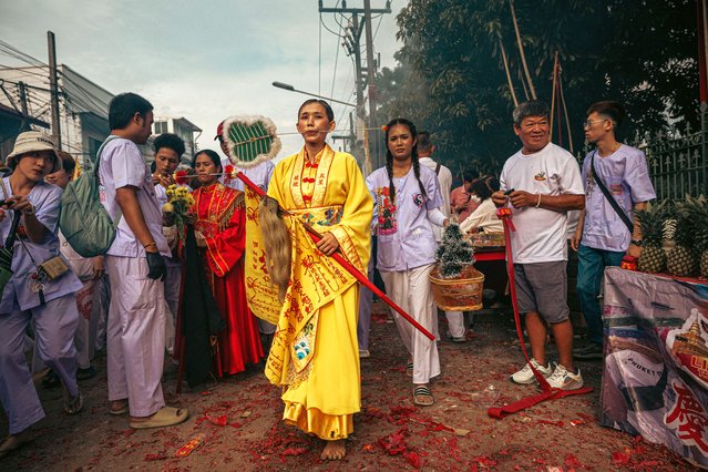 Devotees take part in the 200th anniversary of the Vegetarian Festival in Phuket, Thailand on October 27, 2025. (Photo by Andre Malerba/ZUMA Press Wire/Rex Features/Shutterstock)
