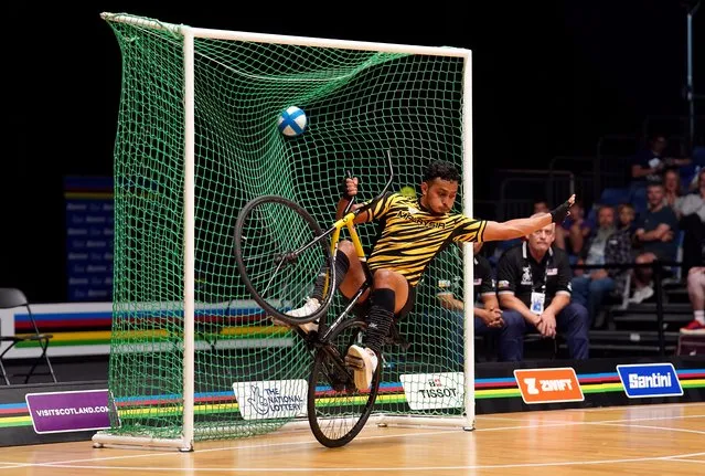 Action from Hong Kong versus Malaysia in the Men's Elite Cycle-ball League B on day nine of the 2023 UCI Cycling World Championships at the Emirates Arena, Glasgow on Friday, August 11, 2023. (Photo by Andrew Milligan/PA Images via Getty Images)
