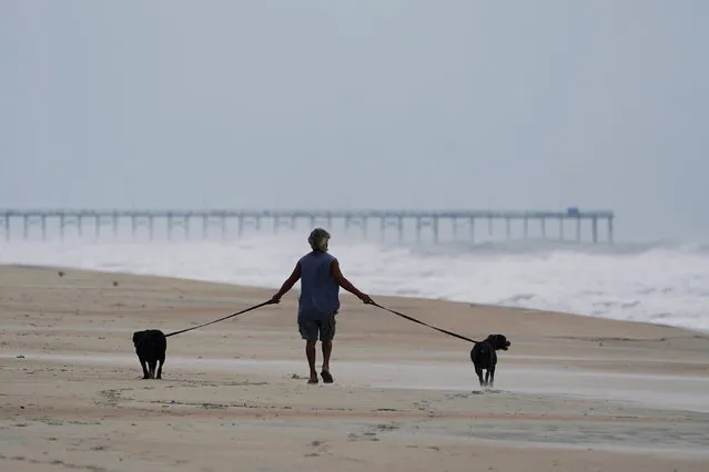 A man walks his dogs before Hurricane Florence comes ashore on Carolina Beach, North Carolina, U.S., September 13, 2018. (Photo by Carlo Allegri/Reuters)