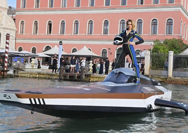 English model Cara Delevingne previews the RaceBird at the launch of the UIM E1 World Championship at the San Clemente Palace Kempinski on June 4, 2022 in Venice, Italy. (Photo by David M. Benett/Dave Benett/Getty Images for E1)