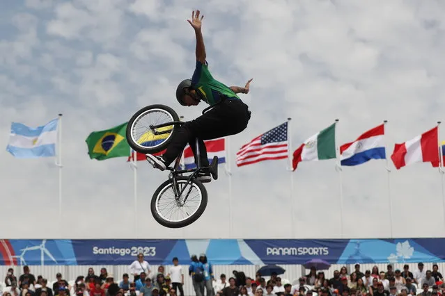 Gustavo Batista of Brazil competes in the men's BMX freestyle during the Pan American Games, in Santiago de Chile, Chile, 05 November 2023. (Photo by Sashenka Gutierrez/EPA)