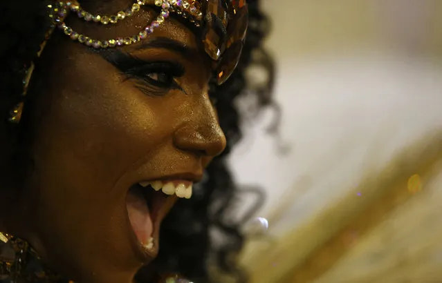 Mangueira samba school's Drum Queen Evelin performs during the carnival parade at the Sambadrome in Rio de Janeiro, February 9, 2016. (Photo by Pilar Olivares/Reuters)