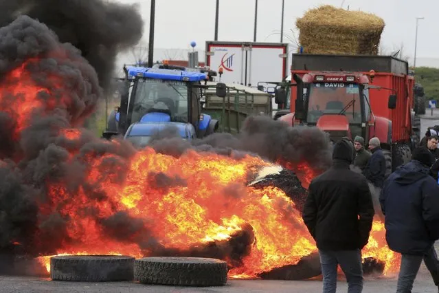 French farmers burn tyres at a road block to protest falling prices near a Lidl supermarket logistic warehouse in Sailly-lez-Cambrai, near Cambrai, France, February 10, 2016. (Photo by Pascal Rossignol/Reuters)