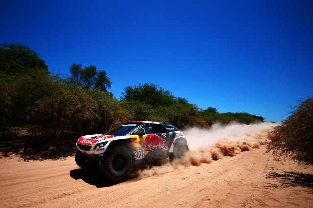 Cyril Despres of France and Peugeot Total drives with co-driver David Castera of France in the 3008 DKR Peugeot car in the Classe : T1.4 2 Roues Motrices during stage two of the 2017 Dakar Rally between Resistencia and San Miguel de Tucuman on January 3, 2017 at an unspecified location in Argentina. (Photo by Dan Istitene/Getty Images)