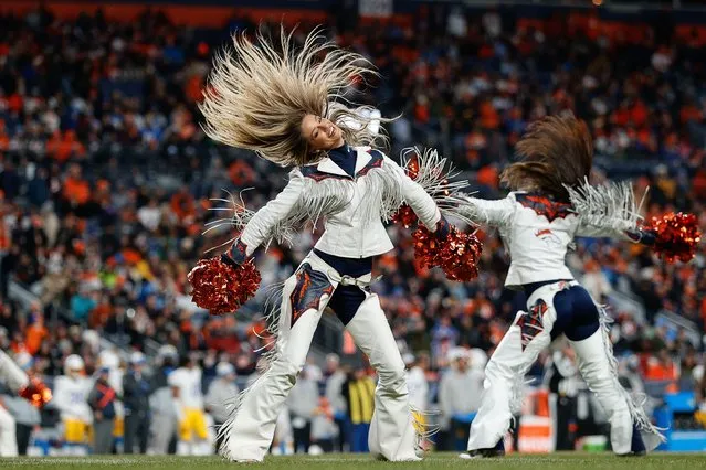 Denver Broncos cheerleaders perform in the fourth quarter against the Los Angeles Chargers at Empower Field at Mile High in Denver, Colorado on December 31, 2023. (Photo by Isaiah J. Downing/USA TODAY Sports)