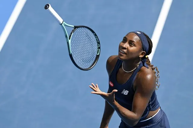 Coco Gauff of the United States throws her racket in the air during her semifinal match against compatriot Emma Navarro at the ASB Tennis Classic in Auckland, New Zealand, Saturday, January 6, 2024. (Photo by Andrew Cornaga/Photosport via AP Photo)