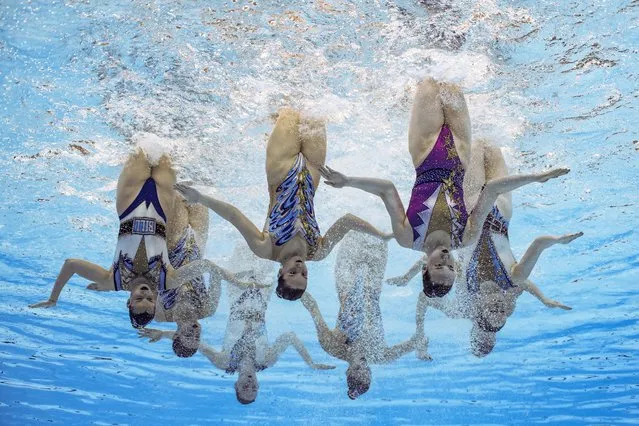 Team Israel competes in Doha, Qatar, in the artistic swimming category of the 2024 World Aquatics Championships on February 3, 2024. (Photo by Marko Djurica/Reuters)