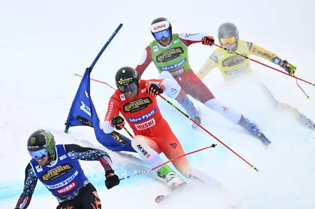 Switzerland's Alex Fiva (2nd R) and other athletes compete in the men's 1/8 final heat 4 during the FIS Men's Ski Cross World Cup competition at Idre Fjaell, Sweden, on March 23, 2024. (Photo by Anders Wiklund/TT News Agency via AFP Photo)