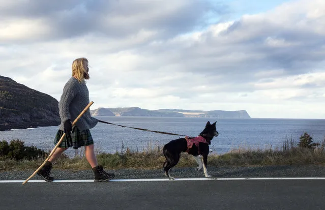 Michael Yellowlees of Scotland and his husky Luna walk the road to Cape Spear in Newfoundland and Labrador on Sunday, December 5, 2021. Yellowlees completes his cross Canada journey today at the most easterly point in North America. (Photo by Paul Daly/The Canadian Press via AP Photo)