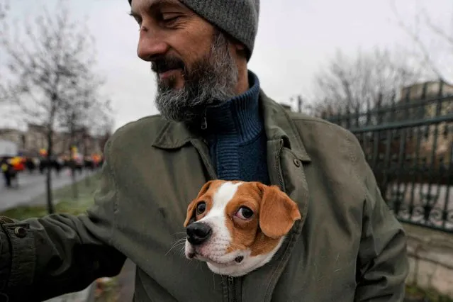 An anti-COVID-19 green pass protester keeps Vasile the dog warm inside his jacket, outside the Palace of Parliament in Bucharest, Romania, Tuesday, December 21, 2021. People gathered to protest against the introduction of the COVID-19 “green certificate” in the workplace a measure considered by authorities to limit the coronavirus infections. (Photo by Andreea Alexandru/AP Photo)