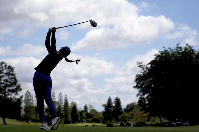 Aline Krauter, of Germany, watches her shot from the fifth tee during the first round of the LPGA's JM Eagle LA Championship golf tournament at Wilshire Country Club, Thursday, April 25, 2024, in Los Angeles. (Photo by Ryan Sun/AP Photo)